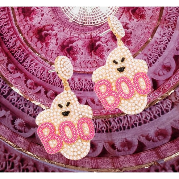 Rhinestone Cute Ghost Earrings Halloween Boo Pink Beaded Dangle‎ Pastel - Picture 3 of 4